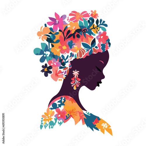 Vector Illustration of a Black Woman with flowers on her head and dress (AI Generative)