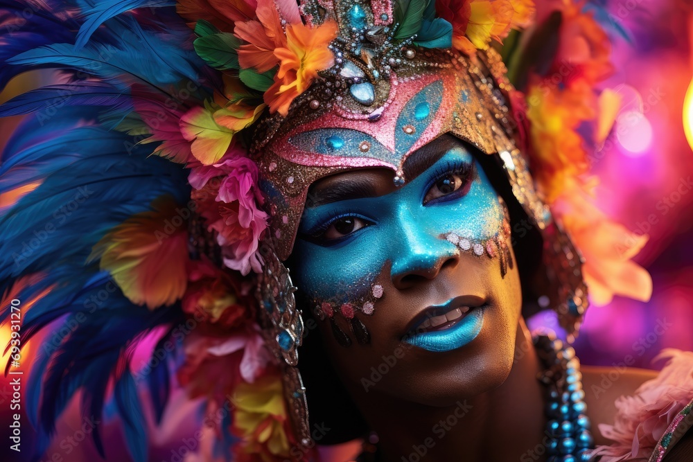 Male model in a vibrant carnival costume during a festive celebration