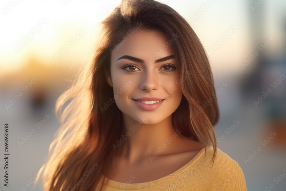 Obraz premium A stunning young woman with gorgeous, flowing brown hair. Perfect for beauty and fashion-related projects
