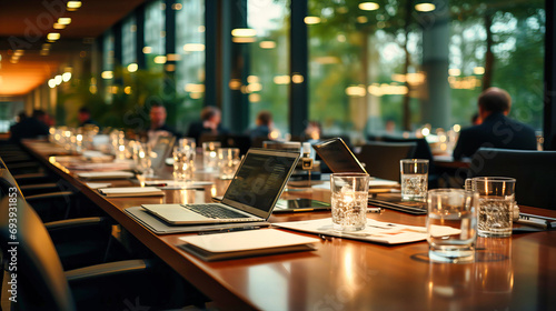 Well-Organized Conference Room Prepared for a Corporate Meeting with Laptops Ready for Participants