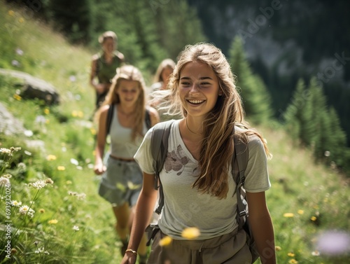 Group of girls hiking. © SobrevolandPatagonia