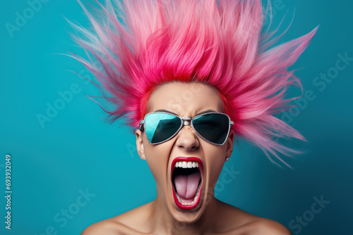 Girl with pink mohawk hairstyle screaming. Generative Ai