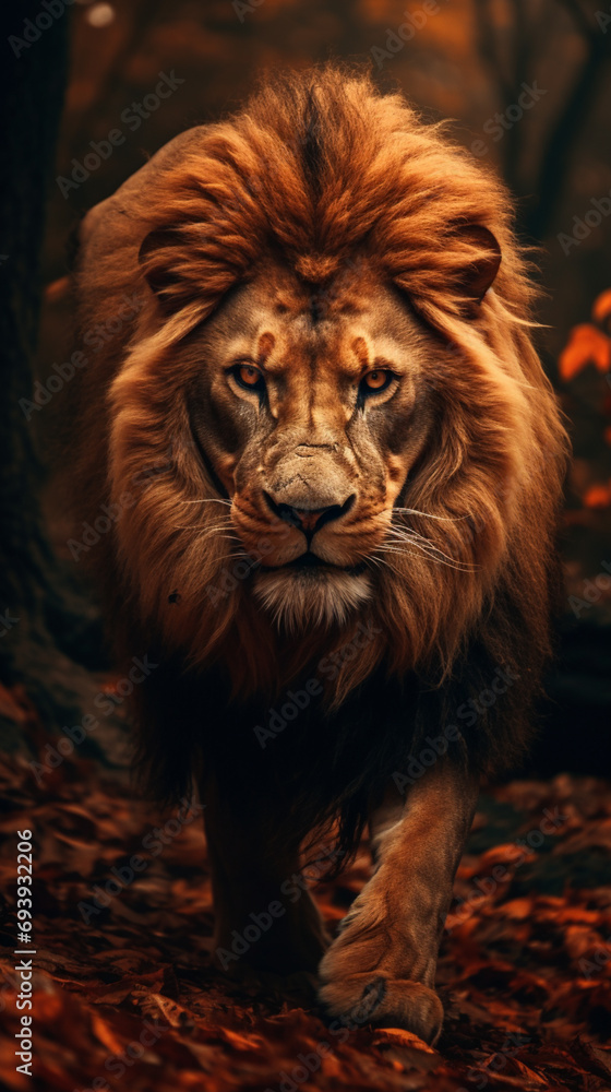 a lion in the wild with autumn leaves, in the style of powerful brown portrait