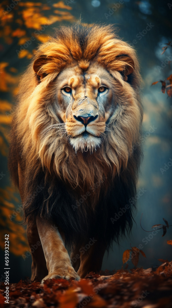 a lion in the wild with autumn leaves, in the style of powerful brown portrait