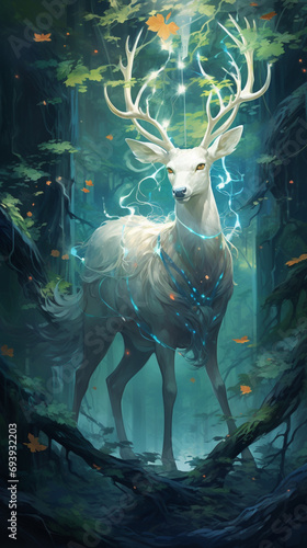 A white deer standing in a forest, in the style of light gold and light emerald