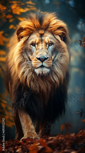 a lion in the wild with autumn leaves  in the style of powerful brown portrait