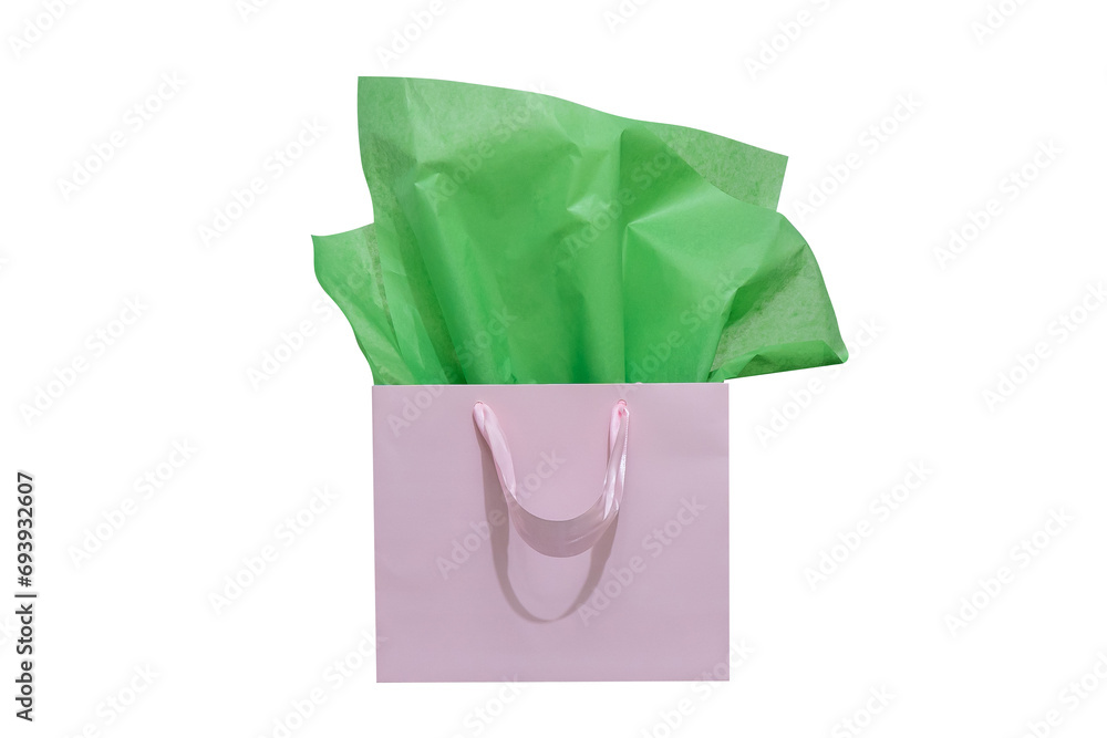 Craft paper gift bag with tissue paper isolated on a white background Craft paper gift bag with tissue paper isolated on a white background