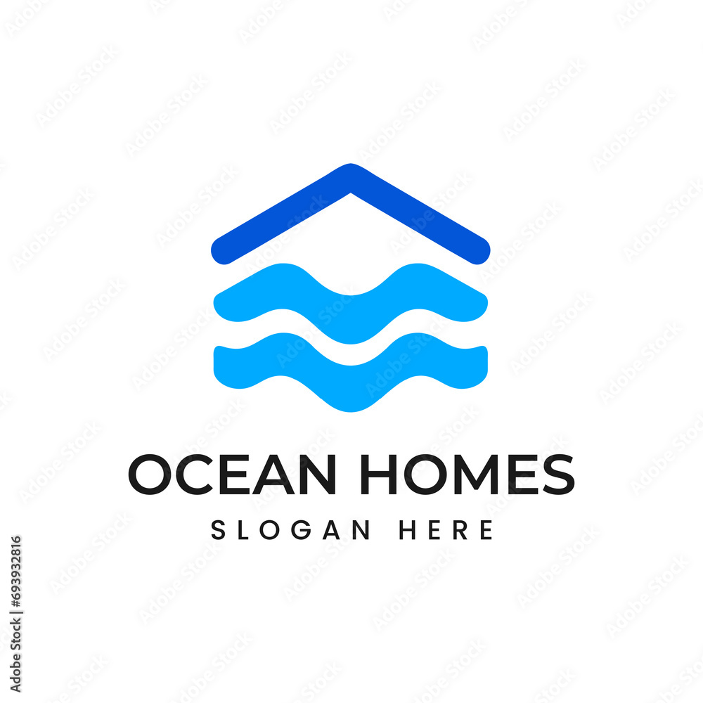 ocean homes logo design, combination of home house building with blue water wave sea logo design vector  