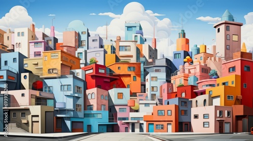 A vibrant cityscape, with colorful buildings painted against a clear blue sky, creating a picturesque outdoor painting in the bustling street of a lively town © Envision
