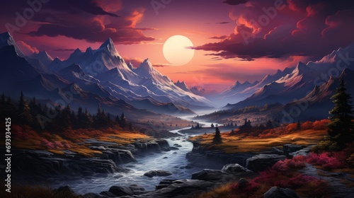 A picturesque landscape painting capturing the beauty of nature as the sun sets over a serene valley, with a winding river surrounded by majestic mountains and lush trees under a vibrant sky