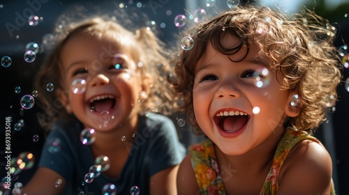 Happy Children Playing with Water Bubbles