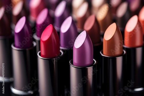 Multi-colored lipstick in different shades close-up. Decorative cosmetics, professional makeup, moisturizing lipstick, fashion, beauty, style. Lipstick pattern