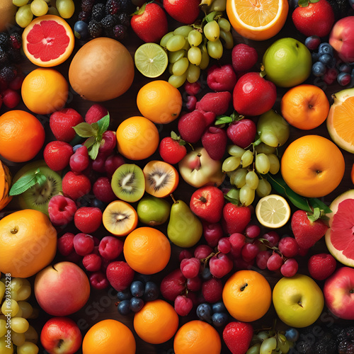 An overhead view of a variety of ripe, whole fruits waiting to be transformed into a refreshing medley., Colorful background, drawing of an assortment ... See More
