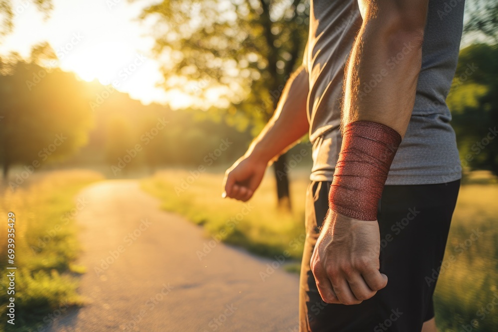 A man with a bandage on his arm is walking down a road. This image can be used to depict concepts such as injury, recovery, perseverance, and determination