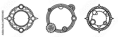 Round openwork frames in the shape of a gear with decorative cogwheels. Black elements isolated on a white background. Steampunk. Vector set for greeting card, signage, label, laser or plotter cutting photo