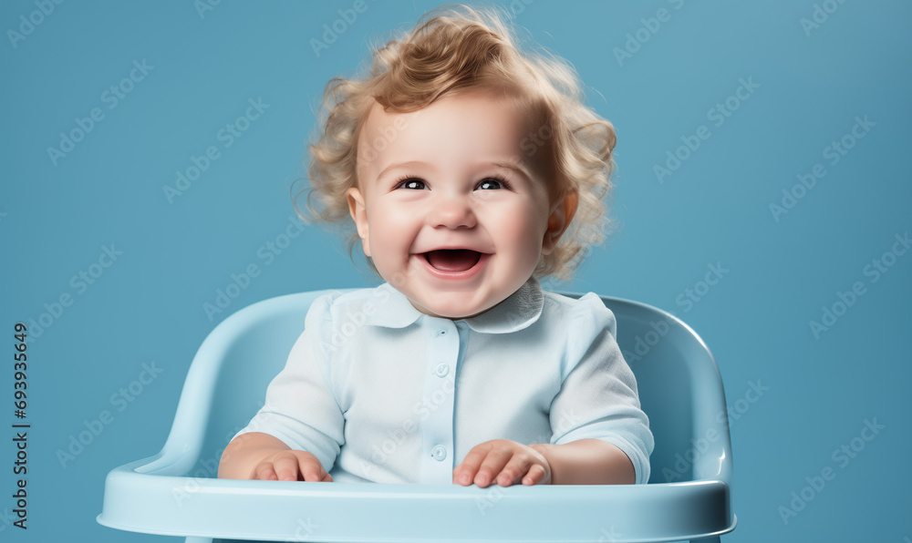 Little caucasian child sitting on highchair on blue background.  First solid food for young kid.
