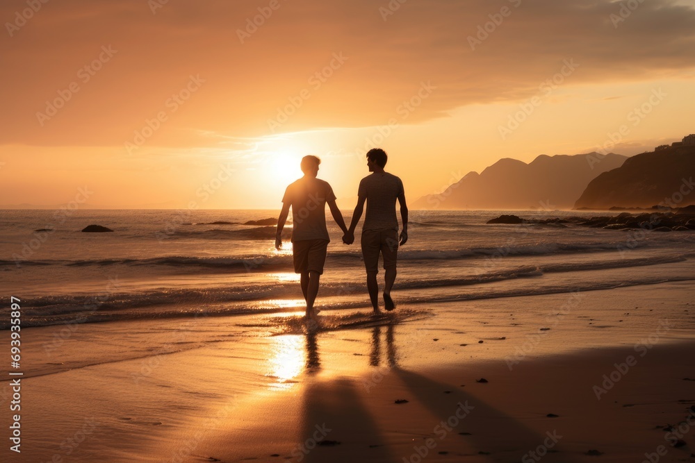 Two men on a beach at sunset, holding hands and walking along the shore