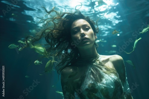 Transexual model in underwater photography, ethereal aquatic theme.