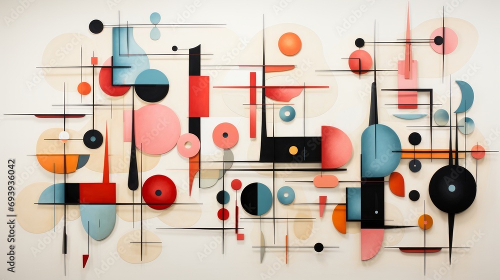 Vibrant circles and lines dance across a canvas, forming a stunning abstract masterpiece of modern design and expression Vibrant circles and lines dance across a canvas, forming a stunning abstract masterpiece of modern design and expression