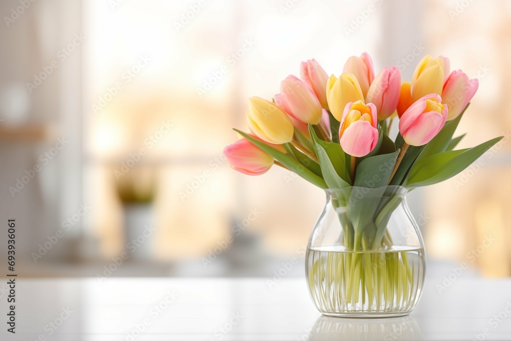 Tulips in a vase on the kitchen table, a template for the design. Tulips in a vase on the kitchen table, a template for the design.