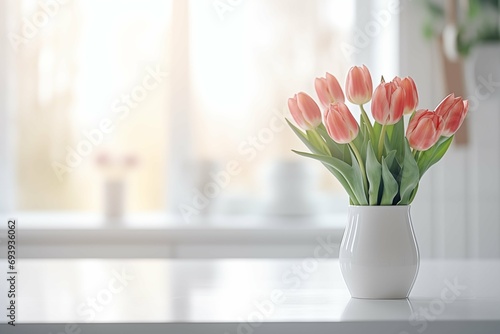 Tulips in a vase on the kitchen table, a template for the design.