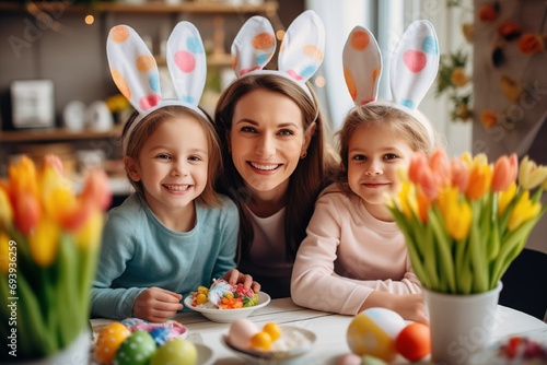 Easter Family traditions. Loving ethnic young mother and kids happy for Easter holidays while sitting together at kitchen table