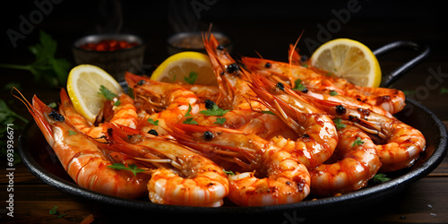 Grilled shrimps on a cutting board with tomato sauce and sliced lemon ,Vertical shot of a plate with red big prawns ,Spicy langoustines with pepper and rosemary in a frying pan generative ai 