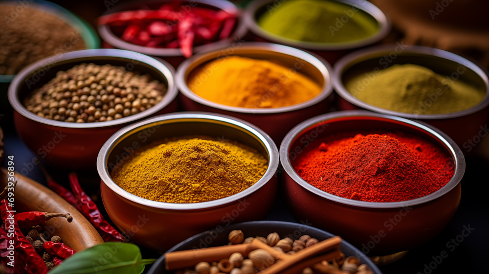 Vibrant Indian Spices and Herbs in Cooking Bowls, colorful Background