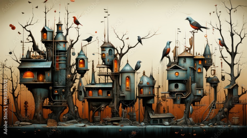 A vibrant art piece captures the serene beauty of a flock of birds perched on a tree against a stunning outdoor backdrop, evoking a sense of tranquility and appreciation for nature's artwork A vibrant art piece captures the serene beauty of a flock of birds perched on a tree against a stunning outdoor backdrop, evoking a sense of tranquility and appreciation for nature's artwork
