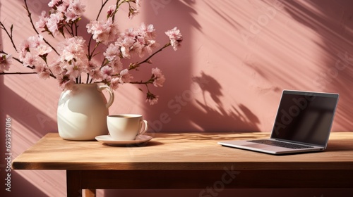A cozy and productive indoor workspace, complete with a wooden desk, laptop, and vase of fresh flowers, invites one to sit and enjoy a warm cup of coffee while working against a backdrop of wall