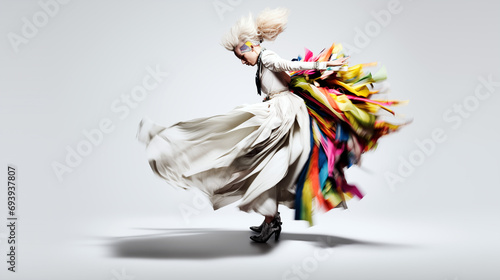 Dynamic fashion model wearing a a colorful dress on a white background, bizarre hairstyle. 