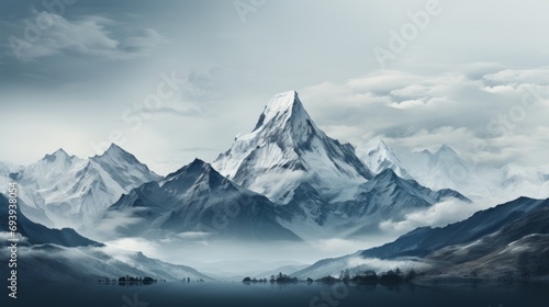 A breathtaking vista of a rugged landscape, adorned with snow-capped peaks and shrouded in a mysterious fog, as a tranquil lake reflects the serene sky above the majestic mountain range of araate photo
