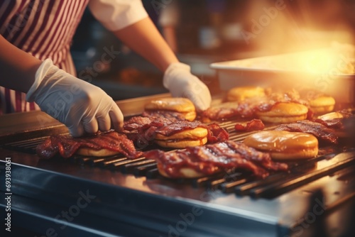 A person wearing white gloves is seen cooking donuts on a grill. This image can be used to showcase outdoor cooking or to illustrate the process of making homemade donuts