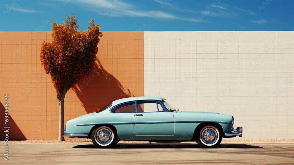 Amidst a vast open sky, a classic convertible car rests against a brick wall, its wheels a symbol of freedom and the journey ahead