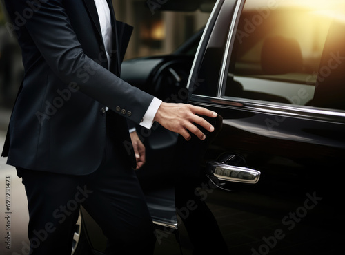 A businessman in a jacket and white shirt opens the door of an expensive car © Alina Zavhorodnii