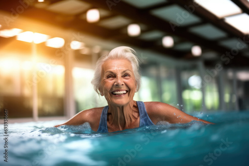 An elderly woman swims in the pool and smiles, a sport for the elderly © Alina Zavhorodnii
