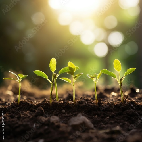 Seedlings grow from rich soil to sunlight that shines, environmental concept, earth day