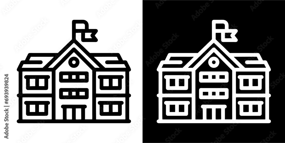 school building, house architecture icon. School and Education icon. Black Icon. Black line logo.