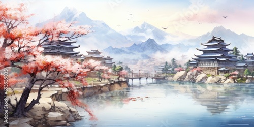 A picturesque painting of a river with a bridge and traditional pagodas in the background. Perfect for adding an oriental touch to your projects