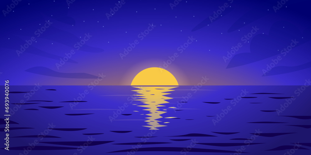 Vector beautiful sunset, reflection of the sun on the water. Beautiful evening landscape at sea sunset in blue tones. vector illustration cartoon background