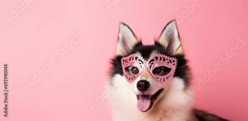 Cheerful dog in a masquerade mask on a pink background with copyspace