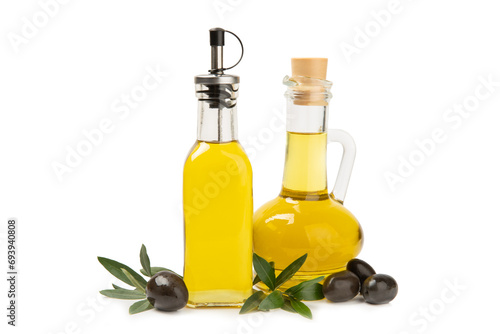 Bottle of fresh olive oil and olives with leaves isolated on white background. Delicious olive oil in a glass bottle. olive oil bottle. Salad dressing. Oil for frying.