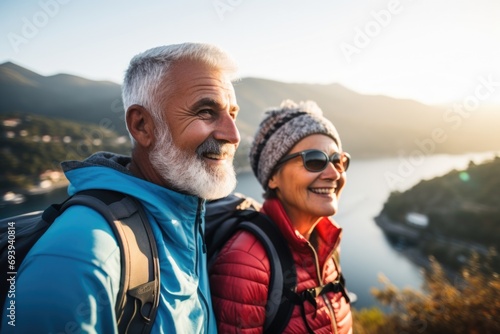 A man and a woman are pictured hiking together. This image can be used to depict outdoor activities and adventure