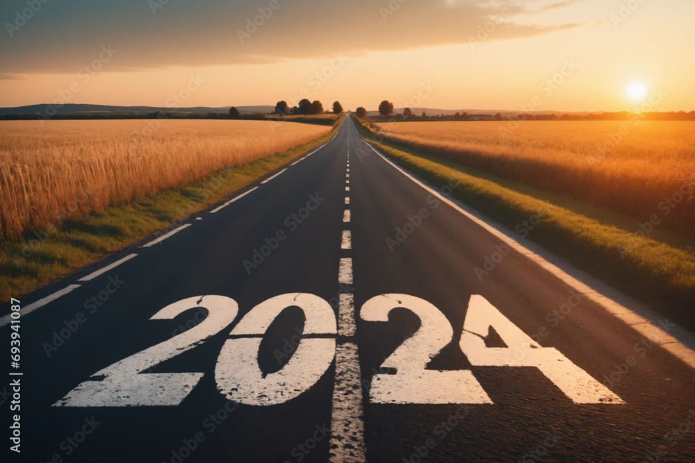 View of a landscape with a road running through it in the center reaching to the horizon. The writing 2024 on the asphalt - New Year and business concept - obrazy, fototapety, plakaty 
