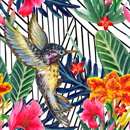 Summer exotic jungle tropical floral rainflorest plants and Hummingbird pattern watercolors photo