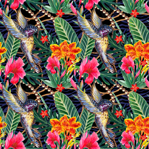 Summer exotic jungle tropical floral rainflorest plants and Hummingbird pattern watercolors photo