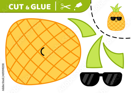Pineapple in sunglasses. Squishmallow. Cut and glue. Applique. Paper game. Pineapple. Kawaii vector