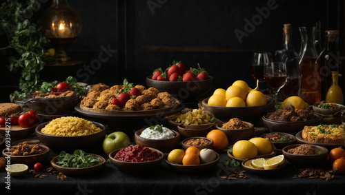 A table filled with food on a black background. generative AI