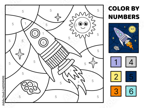 Purple rocket, sun, meteor in space. Color by number. Space. Coloring page. Game for kids. Cartoon, vector