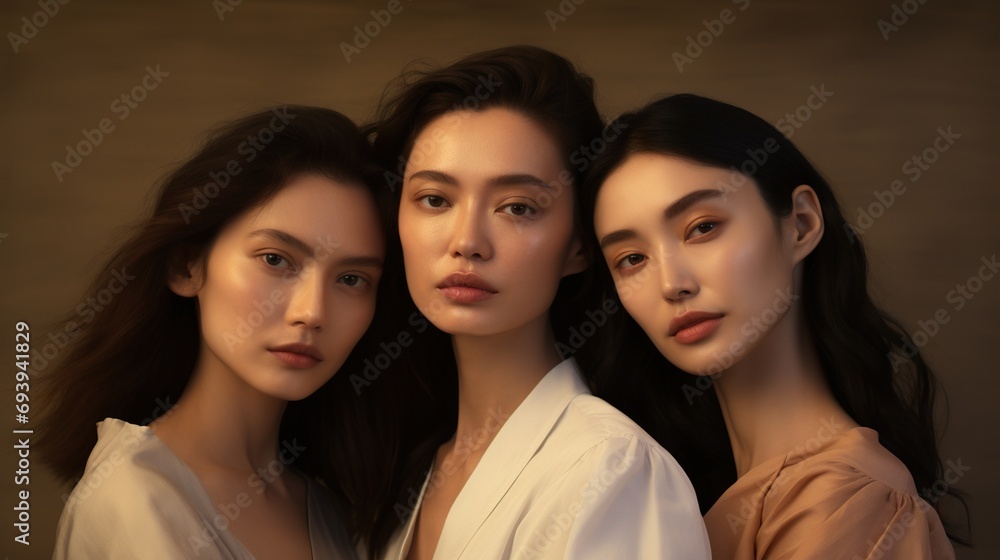 young multiracial women studio shot, caucasian and afro female multiethnic diversity concept, fashion models with perfect skin looking at camera young multiracial women studio shot, caucasian and afro female multiethnic diversity concept, fashion models with perfect skin looking at camera